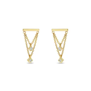 14k Bar & Mixed Diamond Double Chain Drop Earrings