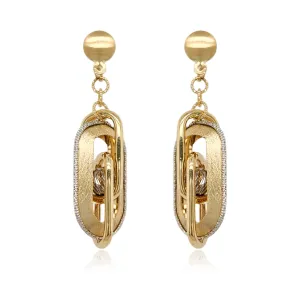 14K Gold Dangling Brushed Interlocking Rectangles Diamond Cut Earrings
