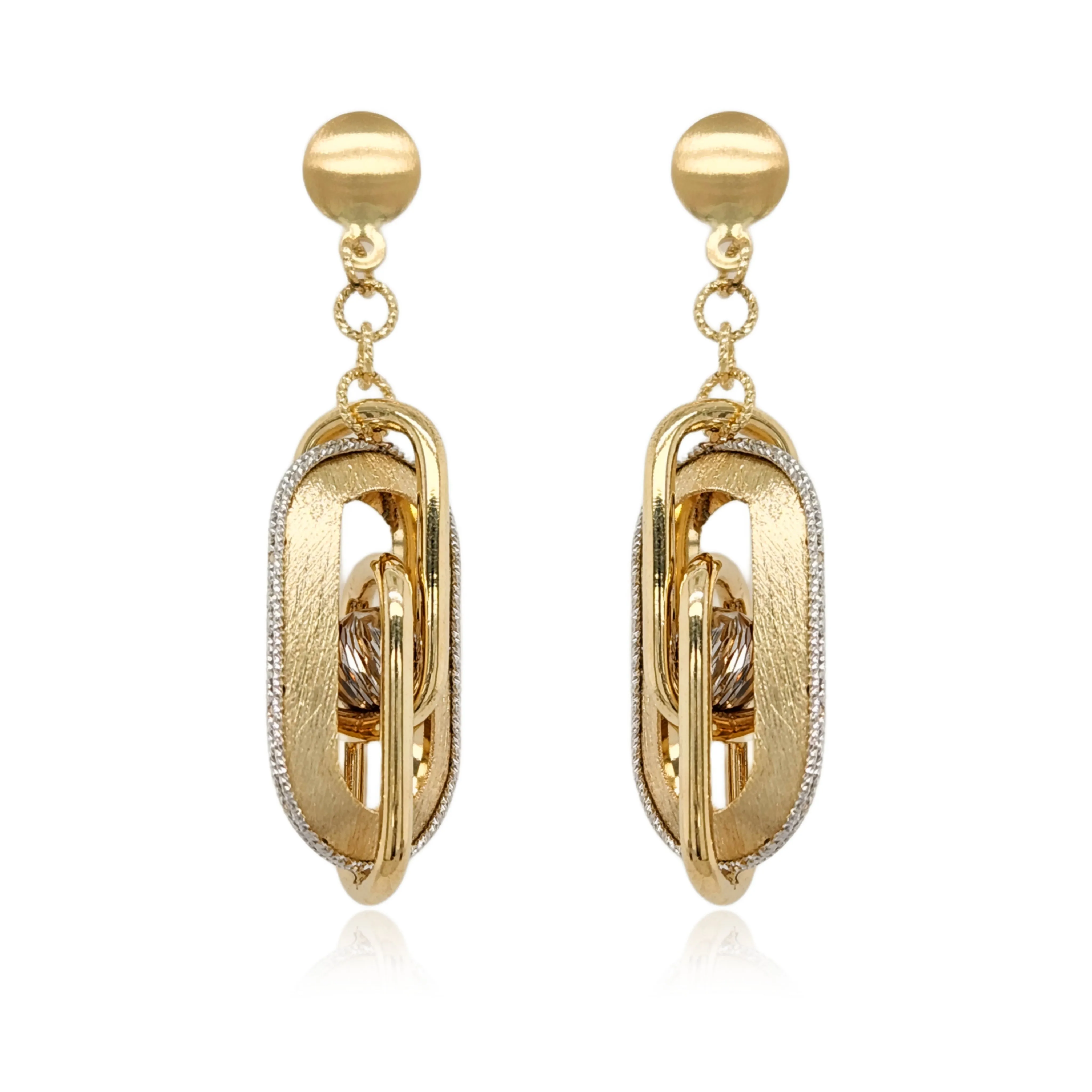 14K Gold Dangling Brushed Interlocking Rectangles Diamond Cut Earrings
