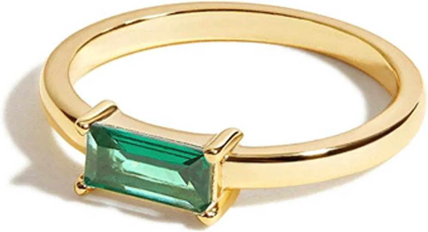 14K Gold Plated Birthstone Stackable Ring for Women | Non-Tarnish Dainty Jewelry Gift with Emerald Green CZ Gemstone | Mothers Birthday Wedding Promise Ring (Size 6-10)