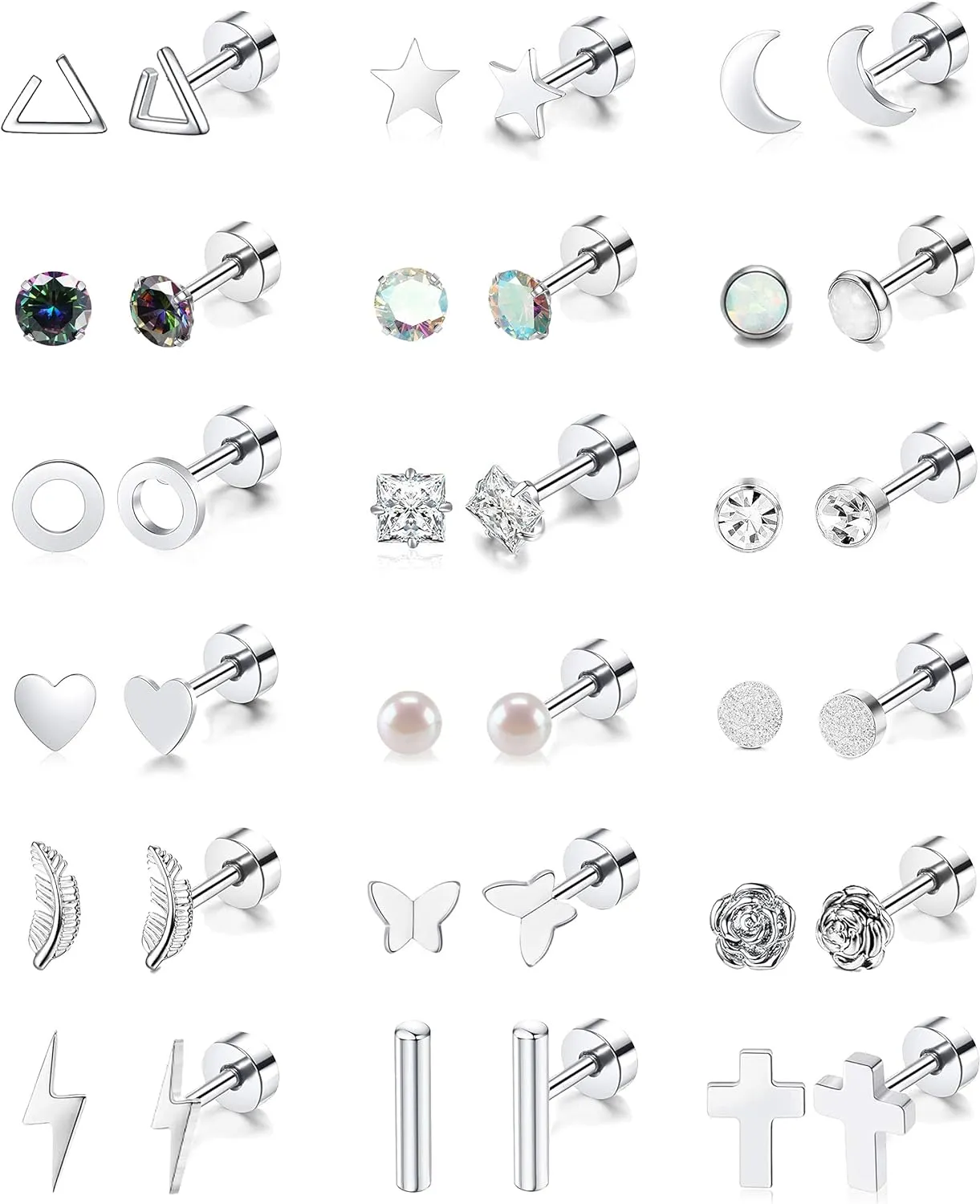 18 Pairs Stainless Steel Stud Earrings Set for Women Men Star Moon flower Heart Leaf Opal 20G Cartilage Earrings Hypoallergenic Flatback Earrings Piercing Jewelry