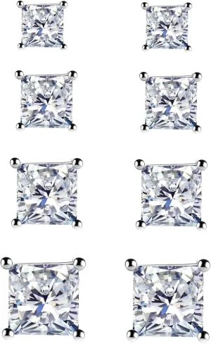 925 Sterling Silver Stud Earrings, 4 Pairs Square Cubic Zirconia Stud Earrings Set for Women Men 3 4 5 6mm