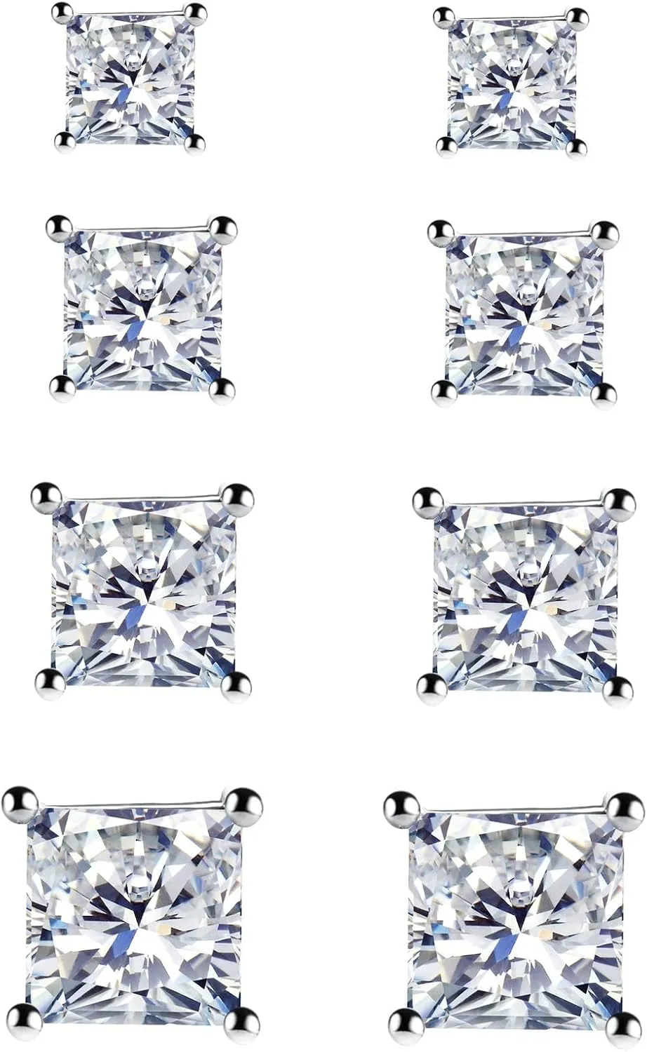 925 Sterling Silver Stud Earrings, 4 Pairs Square Cubic Zirconia Stud Earrings Set for Women Men 3 4 5 6mm