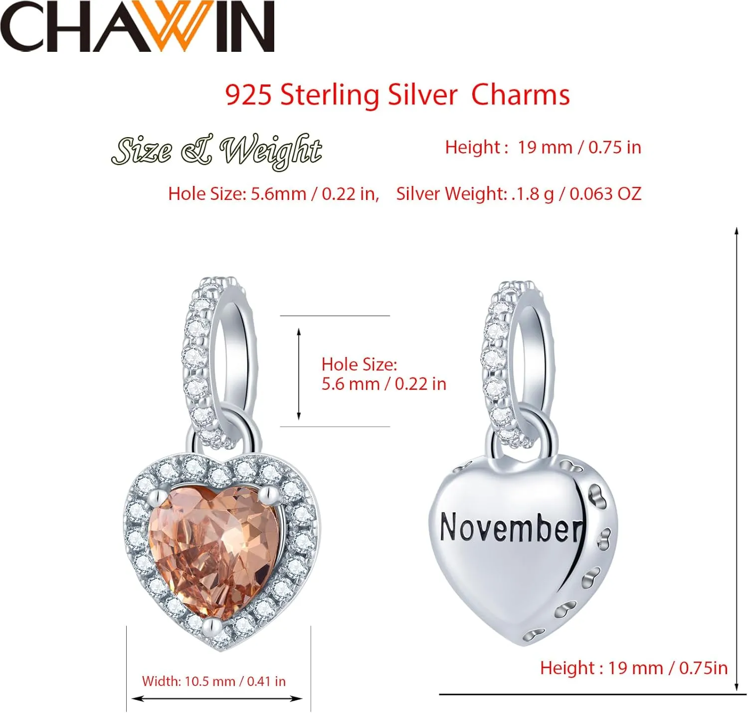 Birthstone Charms, 925 Sterling Silver Heart Dangle Charm, Sparkling CZ Compatible with Pandora Charm Bracelet, Necklace, Birthday Gifts for Women/Wife/Mother