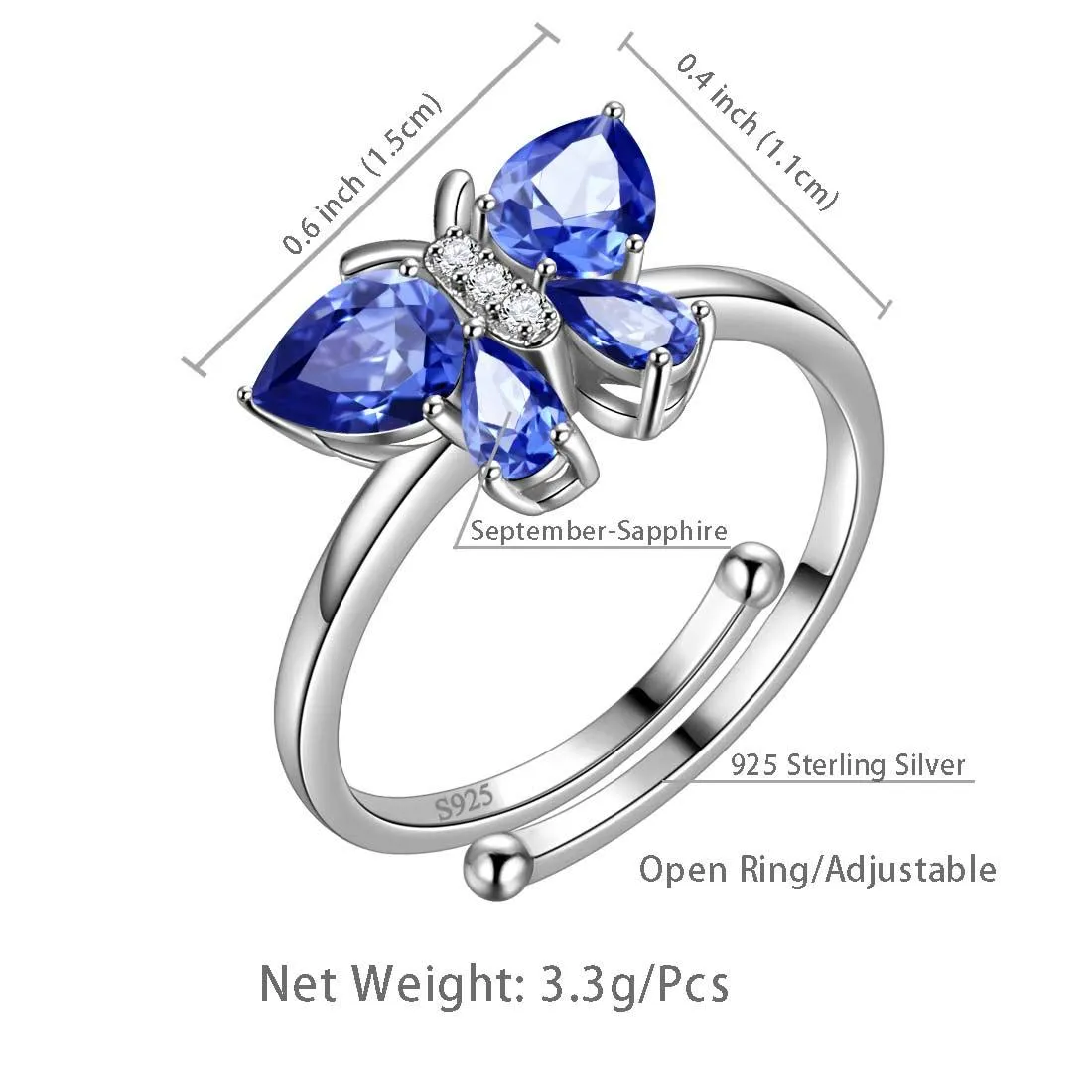 Butterfly Ring Band Birthstone September Sapphire Women Girls Jewelry Birthday Gift