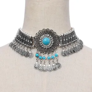 Choker Necklace Blue Beaded Coin Tassel