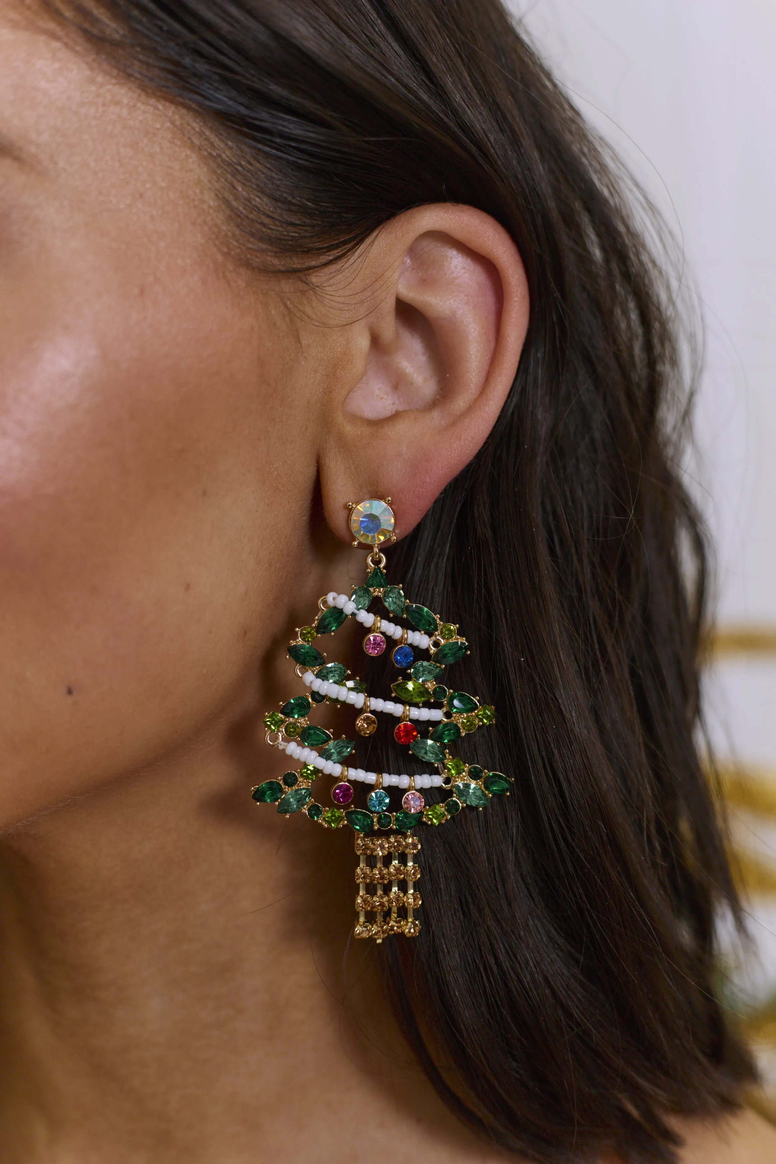 Christmas Tree Jeweled Earrings - Gold