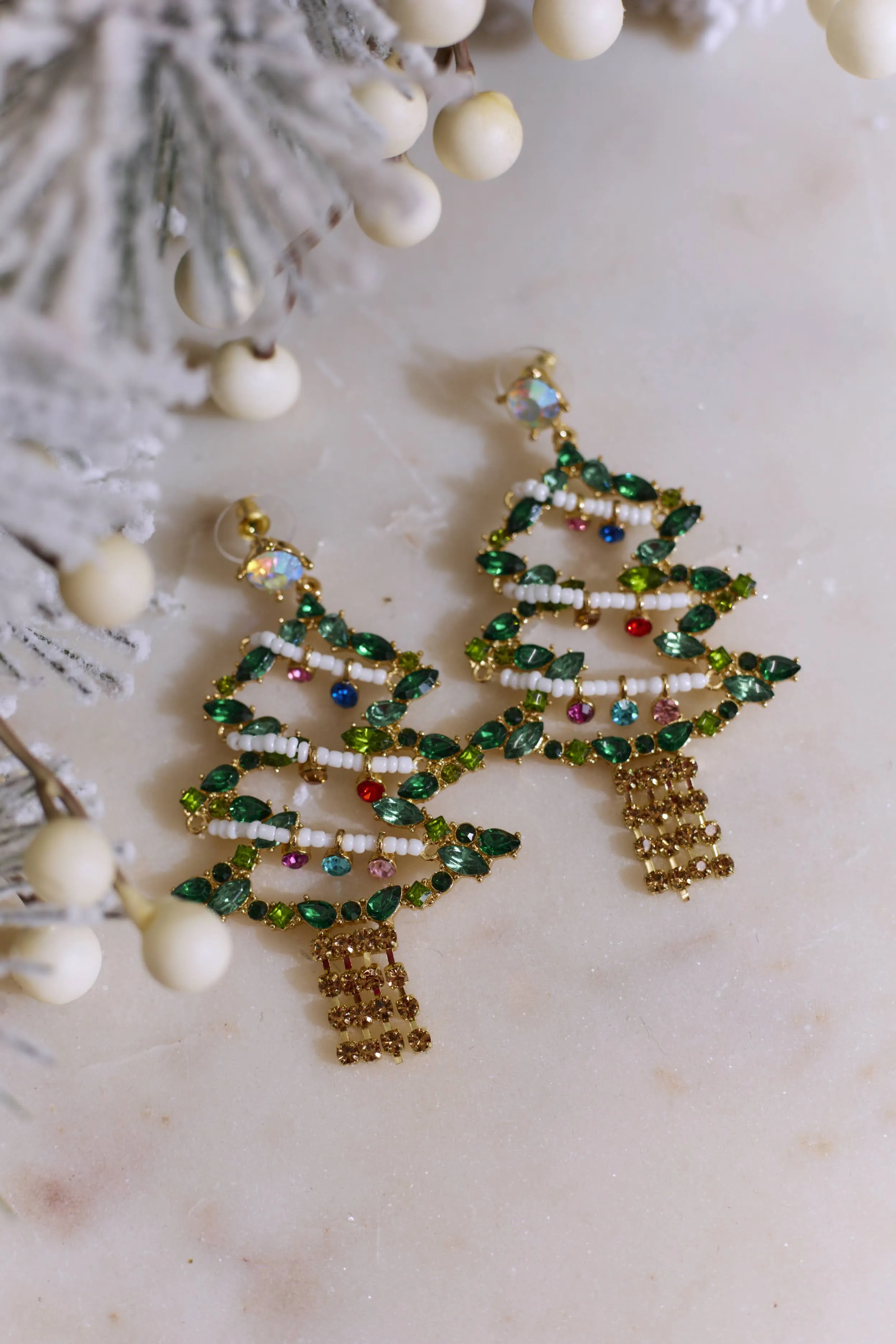 Christmas Tree Jeweled Earrings - Gold