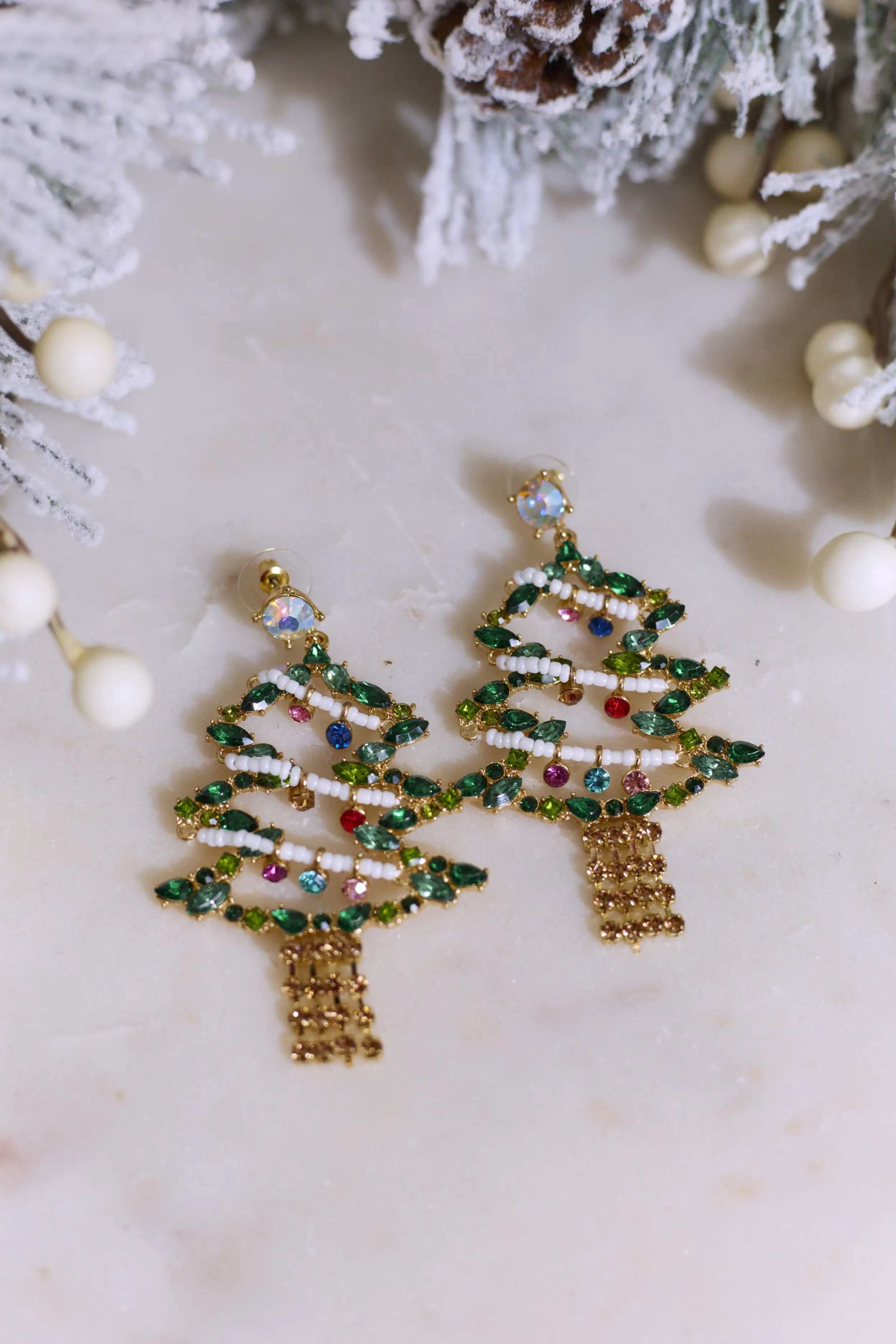 Christmas Tree Jeweled Earrings - Gold