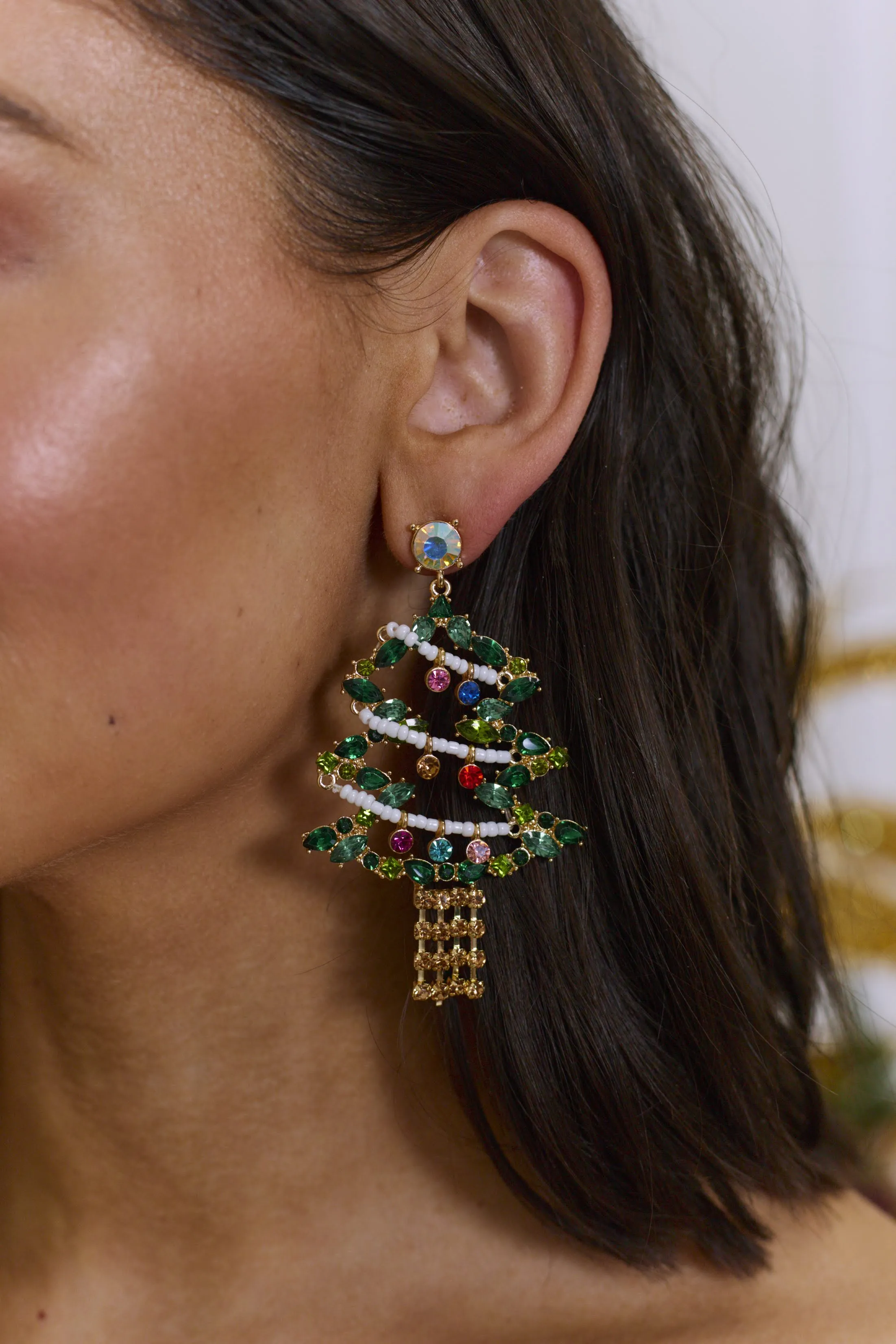 Christmas Tree Jeweled Earrings - Gold