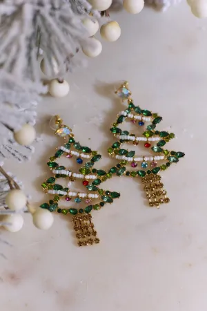 Christmas Tree Jeweled Earrings - Gold
