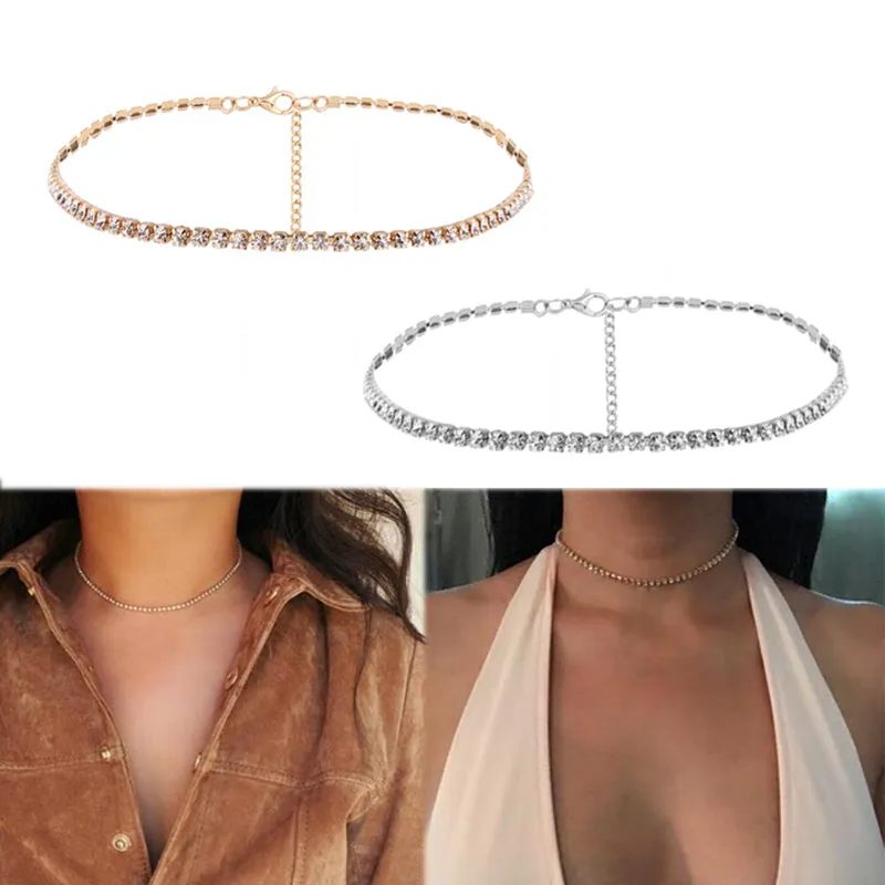 Fashion 1PC Simple Rhinestones Temperament Necklace For women Silver Gold color female clavicle choker Weddings Jewelry