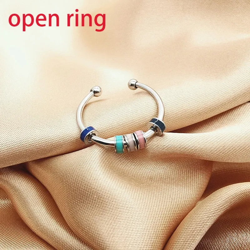 Fine Enamel Bead Anxiety Fidget Rings For Women Girls Anti Stress Release Fun Toys Ring Jewelry About Daughter Fidget Ring Gift