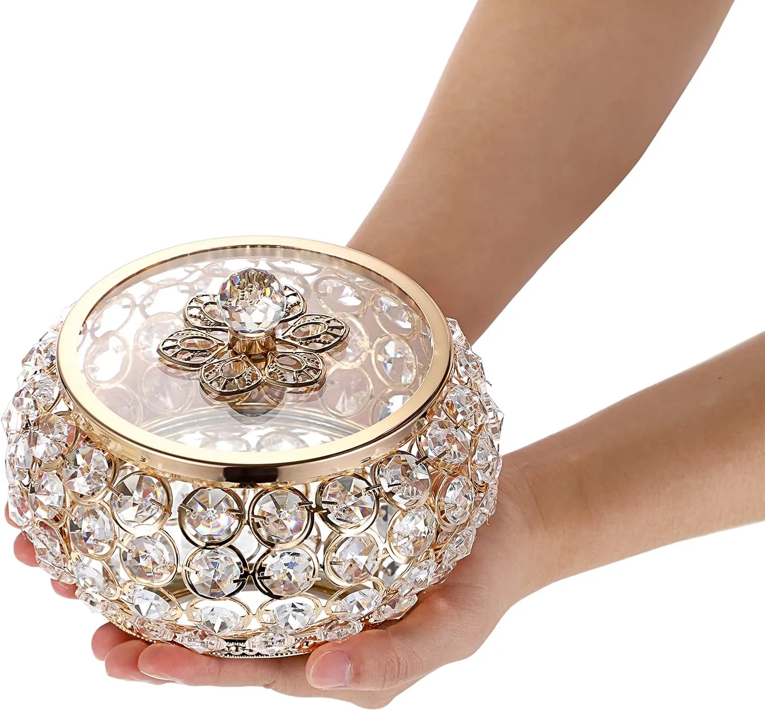 Hipiwe Crystal Jewelry Trinket Box with Glass Lid Large Gold Mirrored Treasure Box Decorative Jewelry Box Ring Earrings Necklace Storage Keepsake Box Gift for Women Girls
