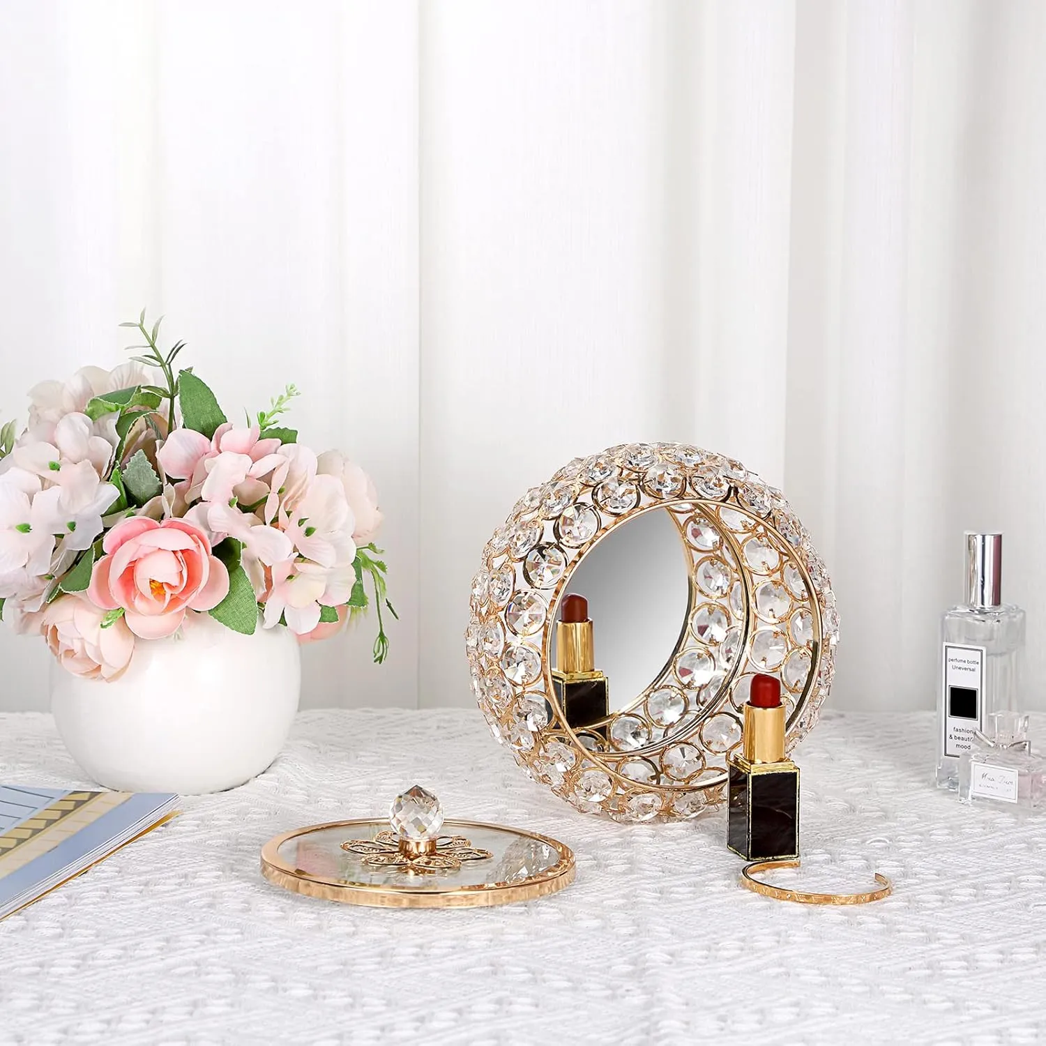 Hipiwe Crystal Jewelry Trinket Box with Glass Lid Large Gold Mirrored Treasure Box Decorative Jewelry Box Ring Earrings Necklace Storage Keepsake Box Gift for Women Girls