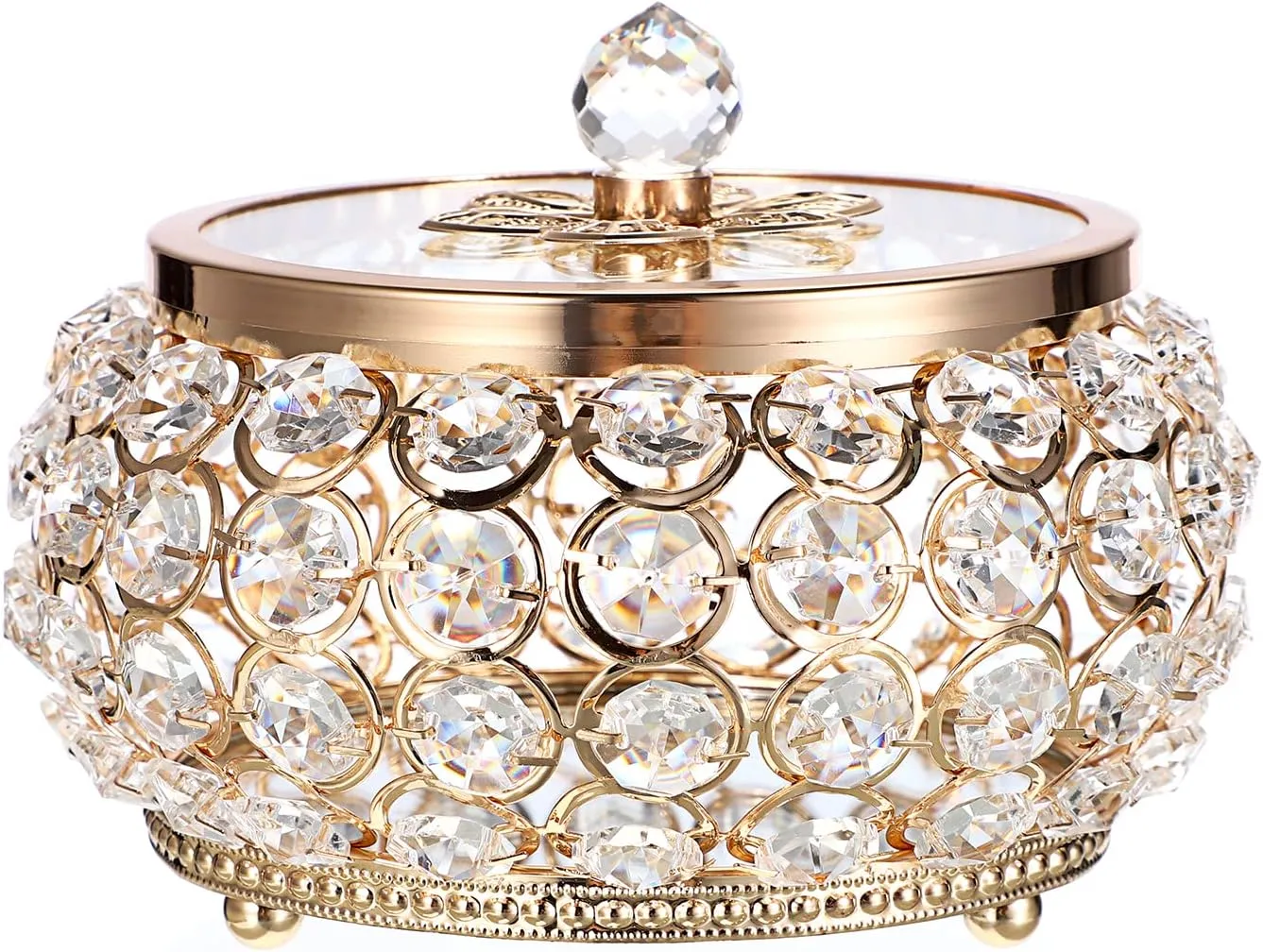 Hipiwe Crystal Jewelry Trinket Box with Glass Lid Large Gold Mirrored Treasure Box Decorative Jewelry Box Ring Earrings Necklace Storage Keepsake Box Gift for Women Girls