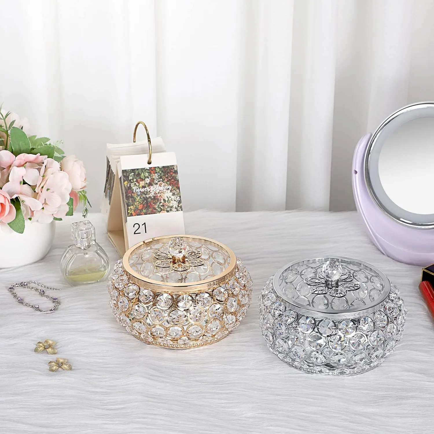 Hipiwe Crystal Jewelry Trinket Box with Glass Lid Large Gold Mirrored Treasure Box Decorative Jewelry Box Ring Earrings Necklace Storage Keepsake Box Gift for Women Girls