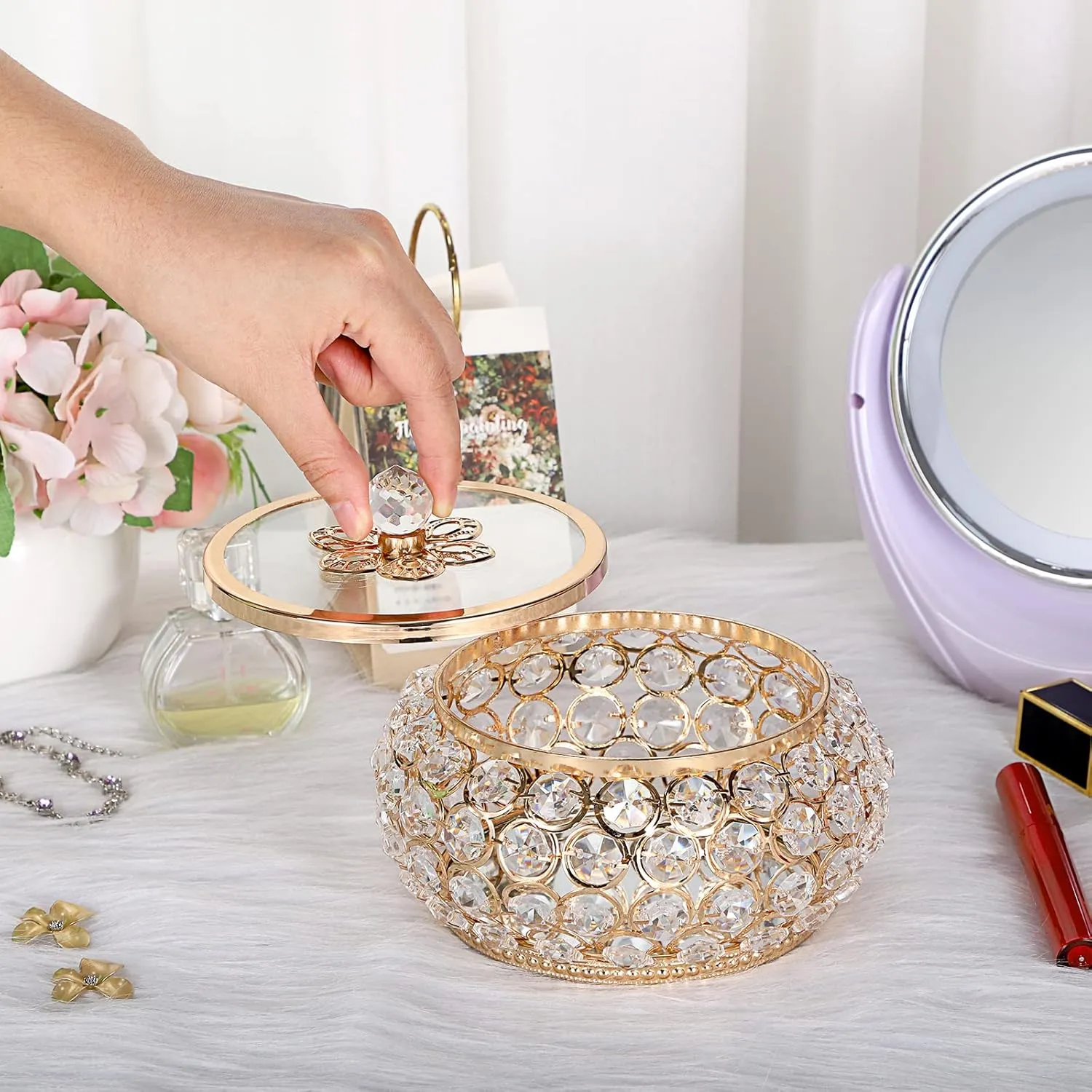 Hipiwe Crystal Jewelry Trinket Box with Glass Lid Large Gold Mirrored Treasure Box Decorative Jewelry Box Ring Earrings Necklace Storage Keepsake Box Gift for Women Girls