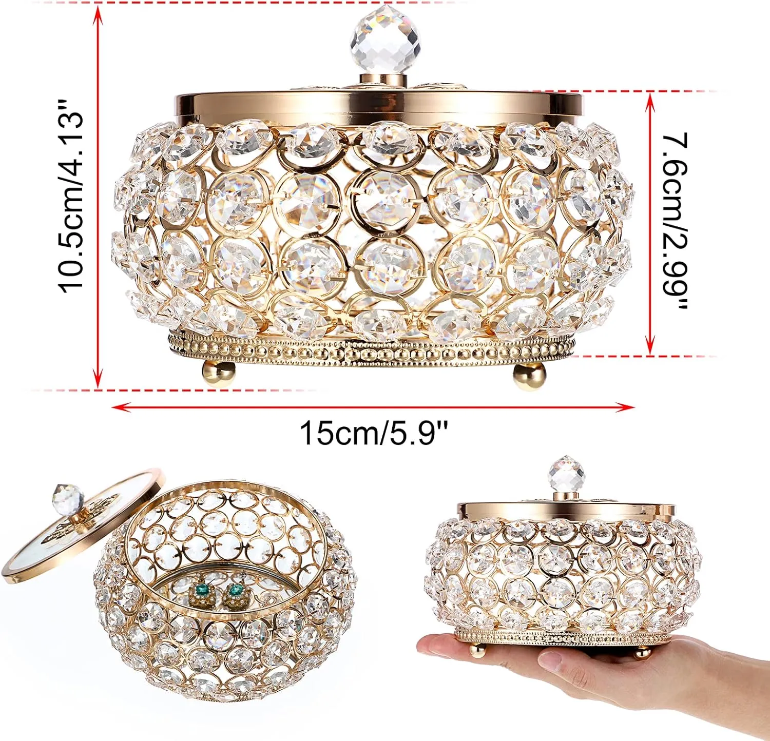 Hipiwe Crystal Jewelry Trinket Box with Glass Lid Large Gold Mirrored Treasure Box Decorative Jewelry Box Ring Earrings Necklace Storage Keepsake Box Gift for Women Girls