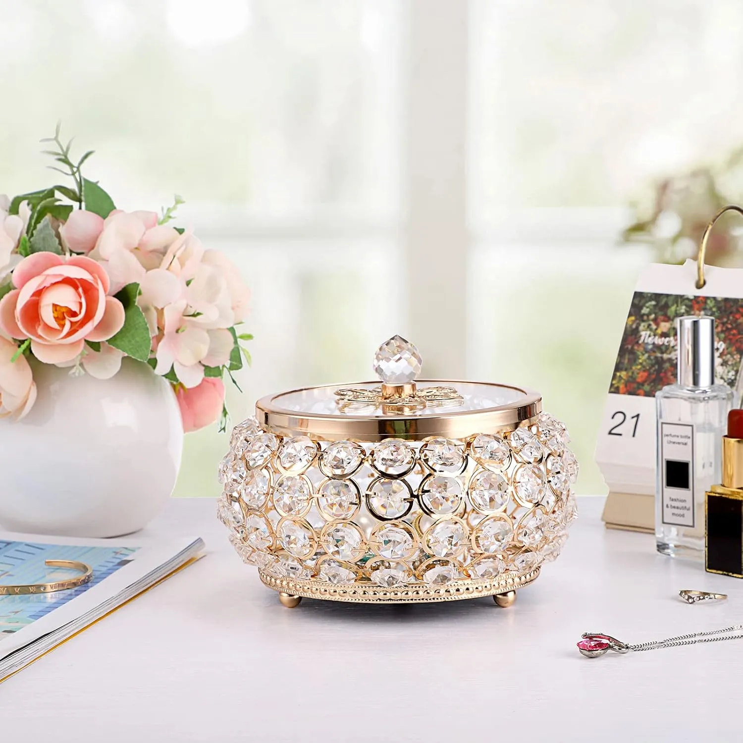 Hipiwe Crystal Jewelry Trinket Box with Glass Lid Large Gold Mirrored Treasure Box Decorative Jewelry Box Ring Earrings Necklace Storage Keepsake Box Gift for Women Girls