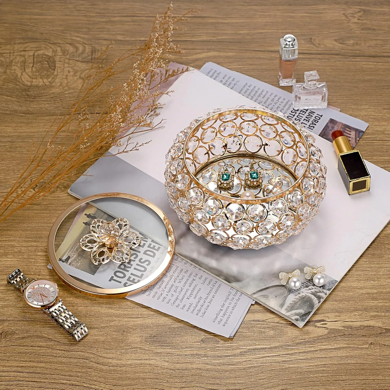 Hipiwe Crystal Jewelry Trinket Box with Glass Lid Large Gold Mirrored Treasure Box Decorative Jewelry Box Ring Earrings Necklace Storage Keepsake Box Gift for Women Girls