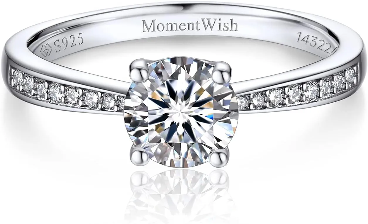 MomentWish Promise Rings for Her, 1Carat Moissanite Engagement Rings, D Color VVS1 Simulated Diamond 925 Sterling Silver Accent Rings