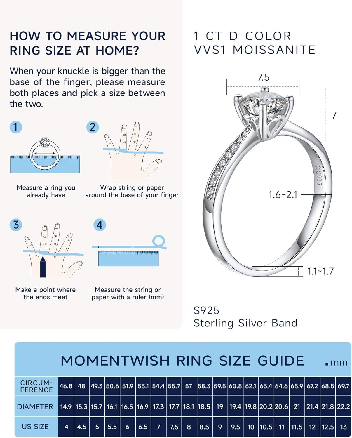 MomentWish Promise Rings for Her, 1Carat Moissanite Engagement Rings, D Color VVS1 Simulated Diamond 925 Sterling Silver Accent Rings