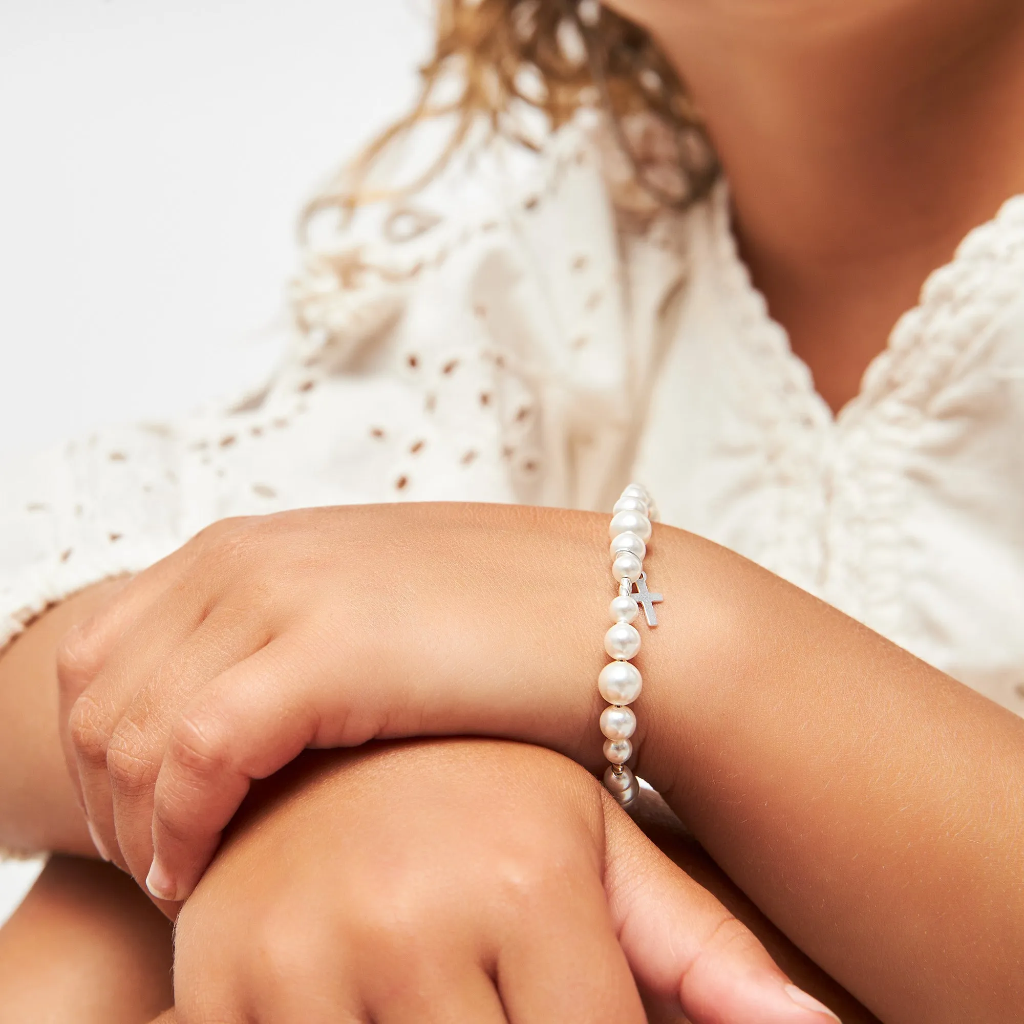 Newborn Baby Sterling Silver Cross White Pearl Christening Baptism Bracelet