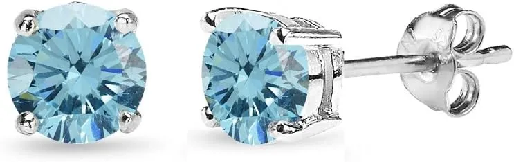 Sterling Silver Birthstone Crystal Solitaire Stud Earrings for Women and Men