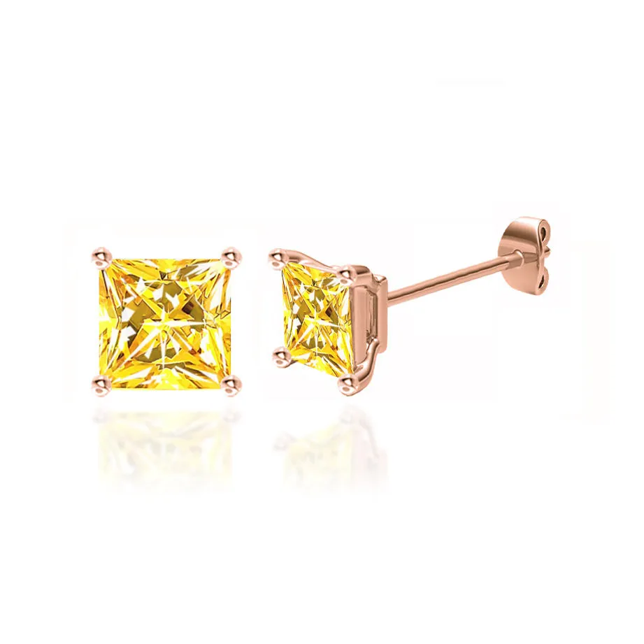 TRINITY - Princess Yellow Sapphire 18k Rose Gold Stud Earrings
