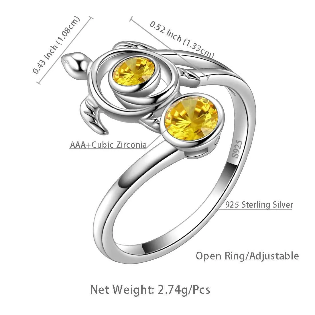 Turtle Birthstone November Citrine Ring Women Girls Jewelry Birthday Gift Sterling Silver
