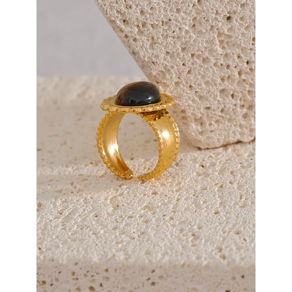 VAIGE Chunky Stainless Steel Ring with Natural Tiger Stone Inlay - Trendy Geometric Statement Jewelry