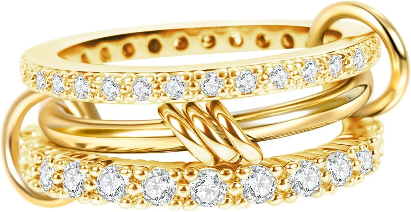 Verfimaci 18K Gold Plated Stackable Rings for Women,Dainty Multi-Link Rings,Chunky Stackable Cubic Zirconia Rings Set Non Tarnish Women Jewelry