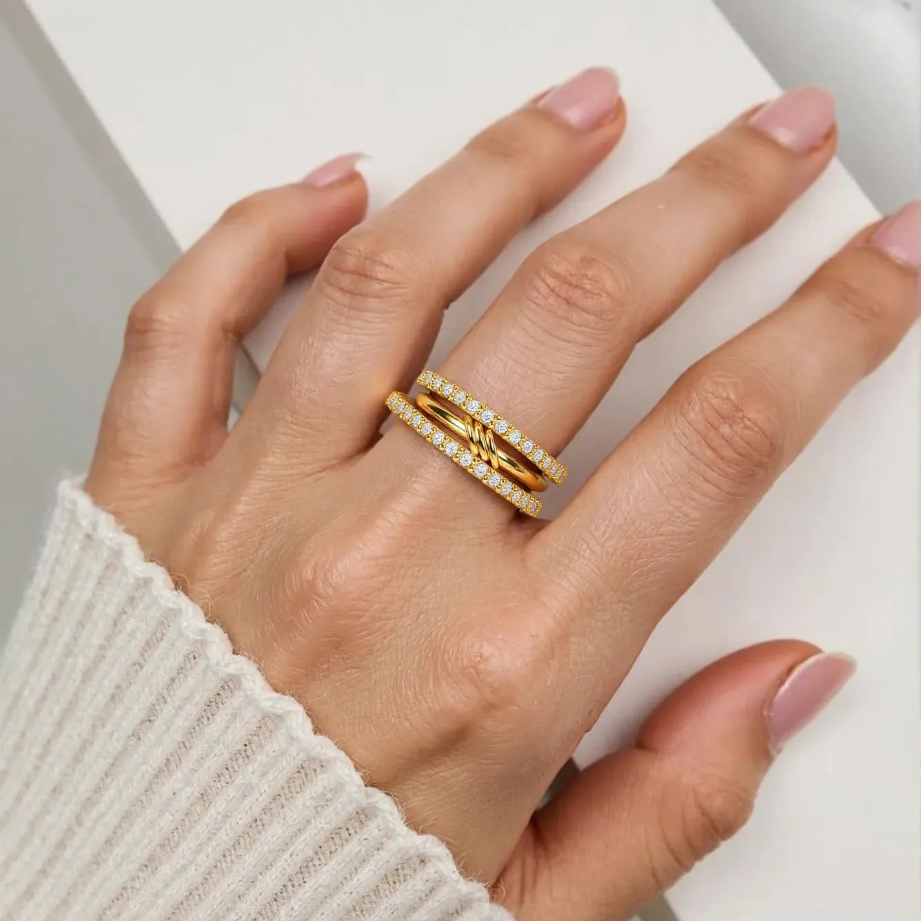 Verfimaci 18K Gold Plated Stackable Rings for Women,Dainty Multi-Link Rings,Chunky Stackable Cubic Zirconia Rings Set Non Tarnish Women Jewelry