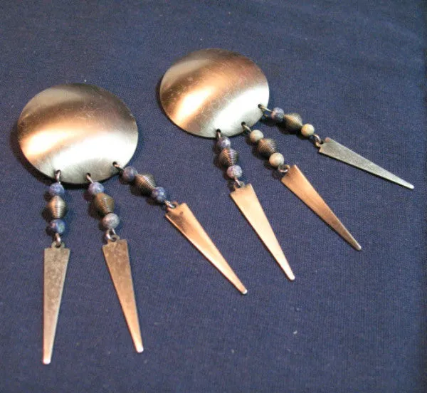 VINTAGE Big Huge Giant Large SILVER Tone ROUND METAL DANGLING EARRINGS Set