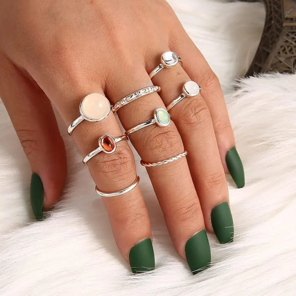 YOOESTORES82 Boho Vintage Crystal Ring Set, Rhinestone Knuckle Rings for Women, Gold Silver Bohemian Stackable Joint Midi Multiple Rings